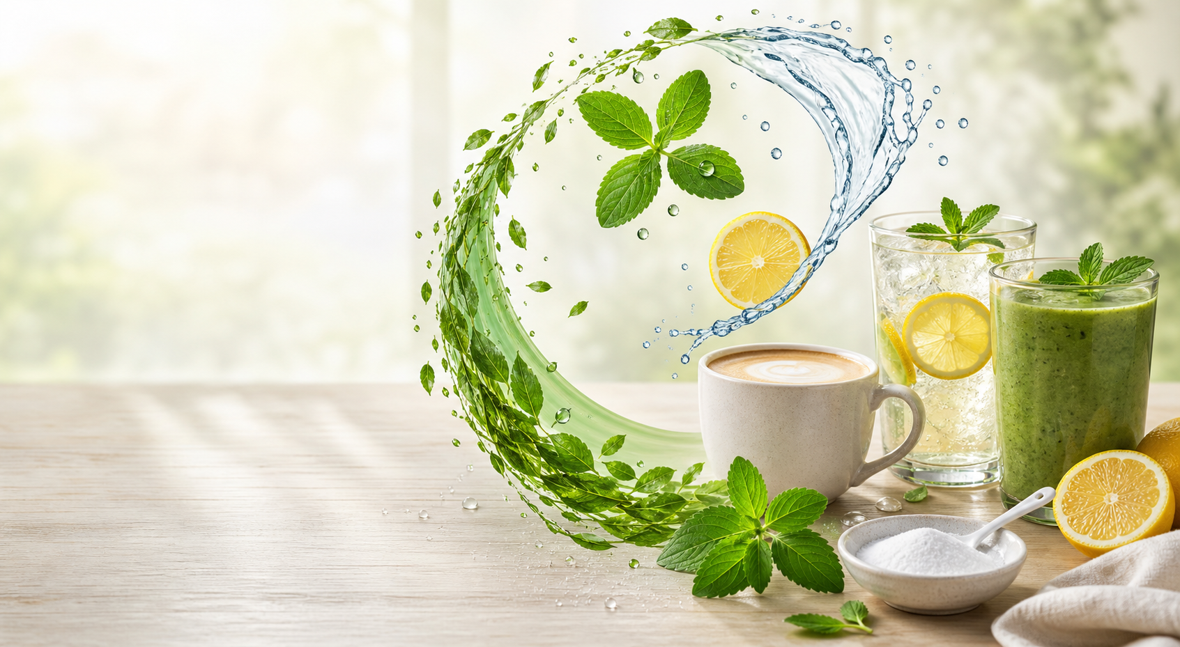 A balanced natural sweetener ritual with coffee, lemon water, smoothie, stevia leaves, citrus, and water-inspired forms.