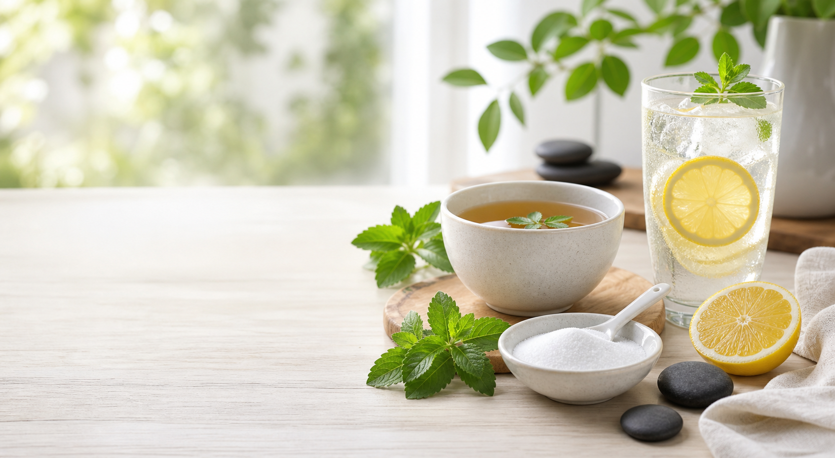 A calm tea and lemon water ritual with stevia leaves and soft natural textures.