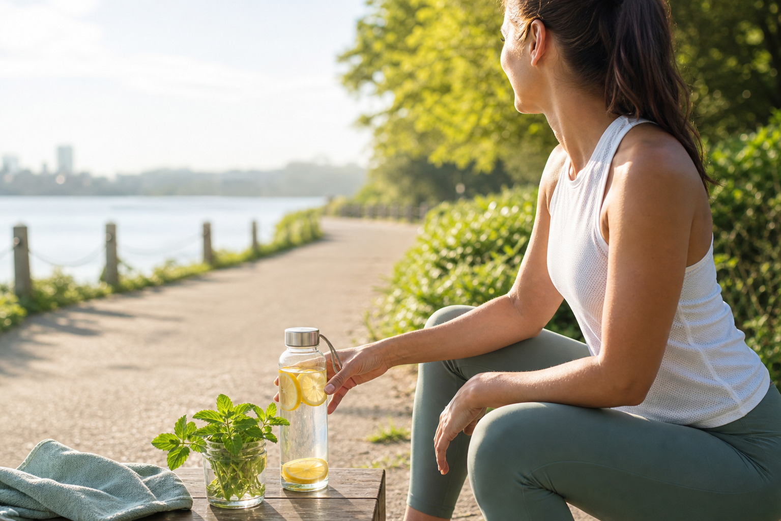 A calm morning coffee and tea ritual with natural sweetener and stevia leaves.