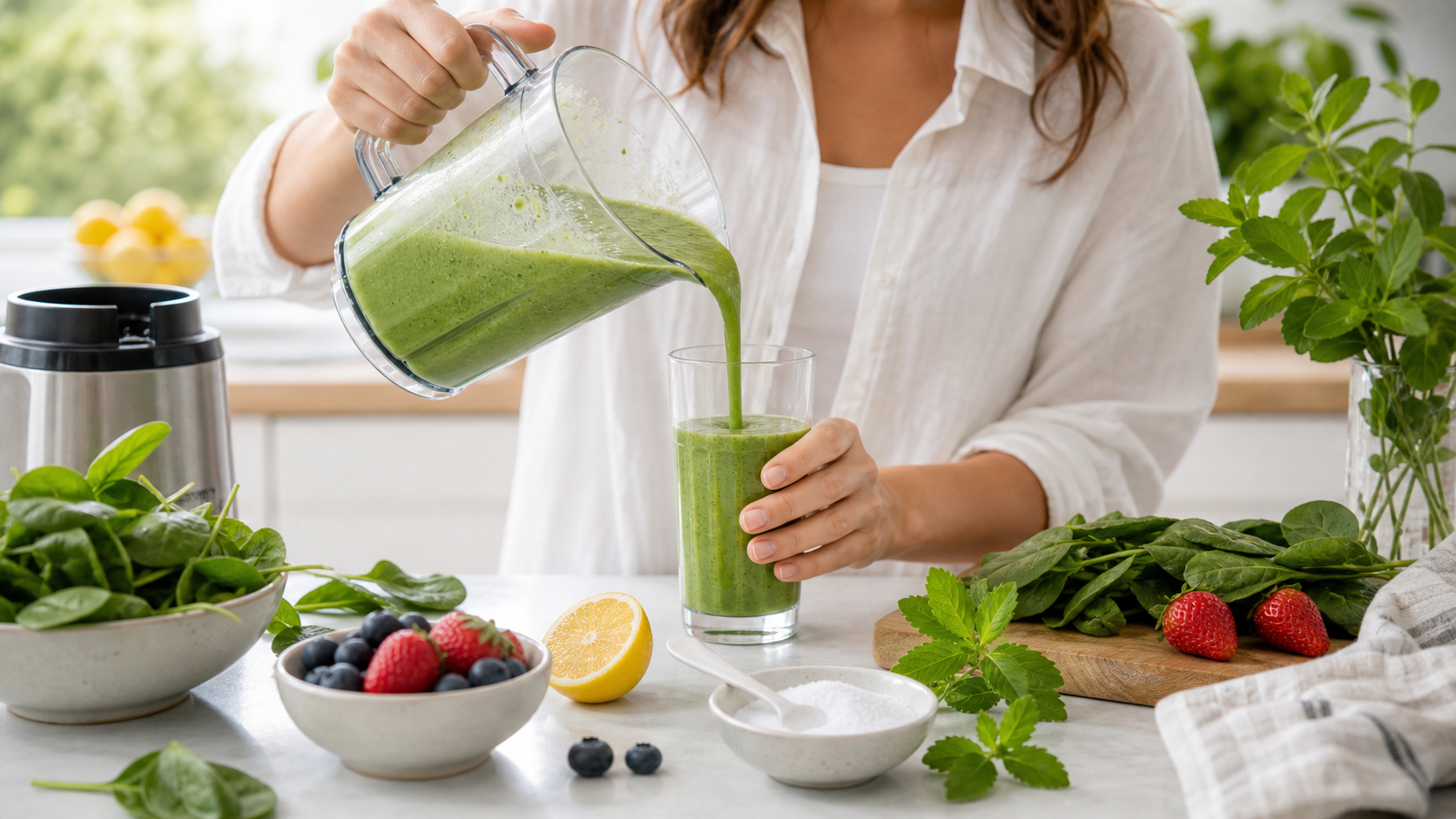 A fresh smoothie routine with fruit, greens, and a small spoon of natural sweetener.